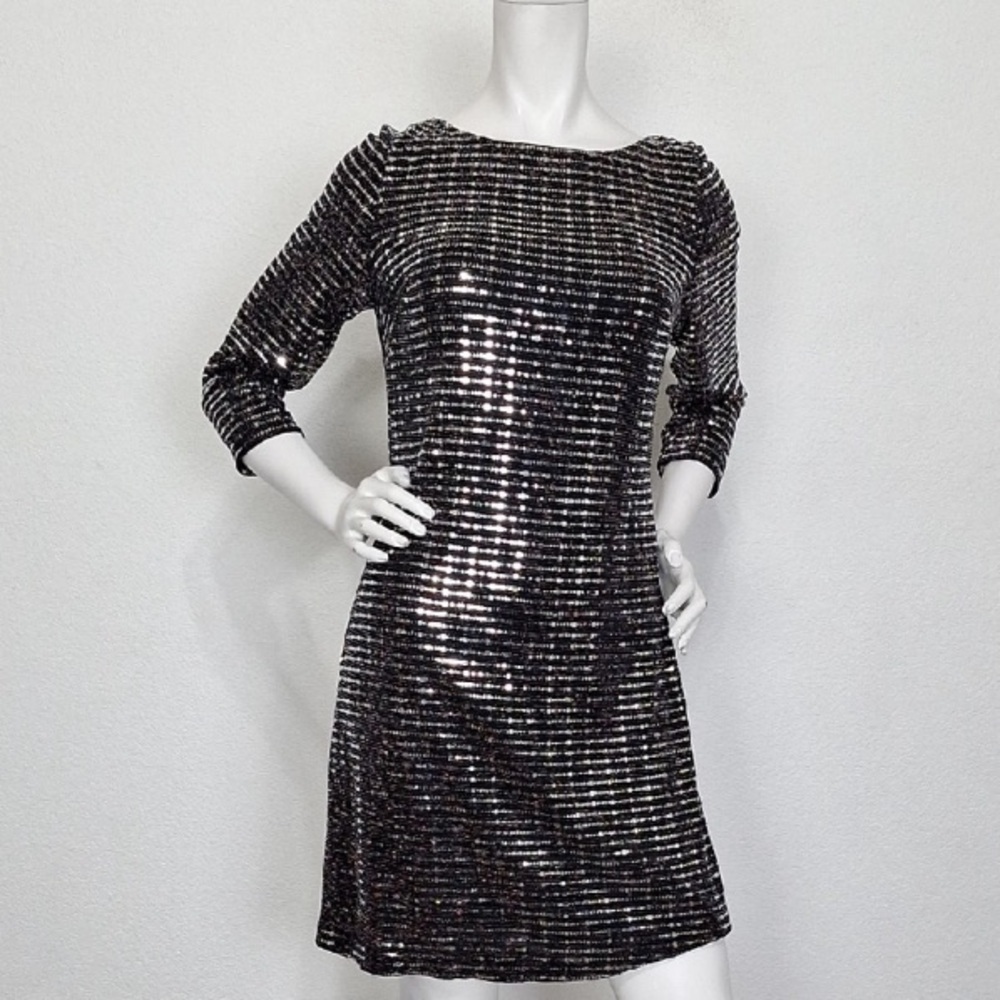 J. Howard Black Silver Mirror Sequin 3/4 Sleeve Party Cocktail Dress Size 6